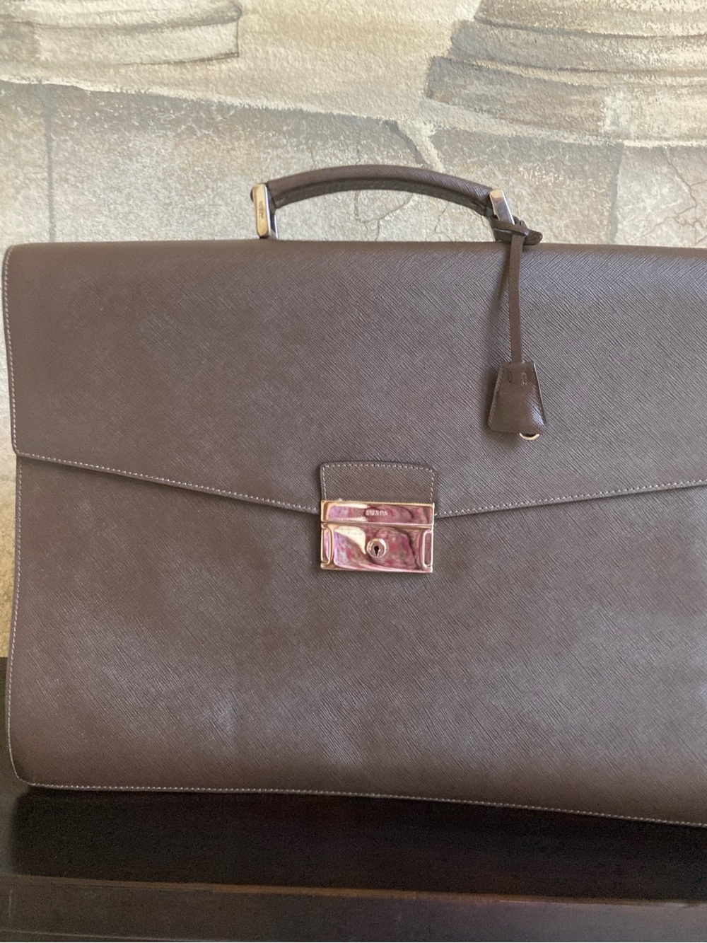 Prada Brown Saffiano Leather Briefcase with Gold Hardware